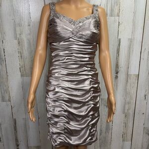 Cachet Holden Beige Ruched Beaded Neckline Dress‎